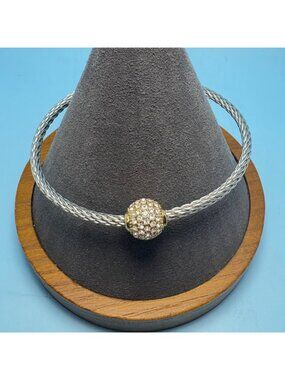 Cable Bracelet with Stationary Crystal Rondel Bead Center Silver & Gold Tone 8"